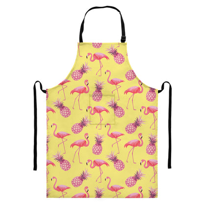 Pineapple And Flamingo Pattern Print Bib Apron With Pocket