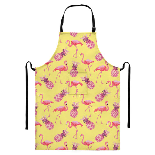 Pineapple And Flamingo Pattern Print Bib Apron With Pocket