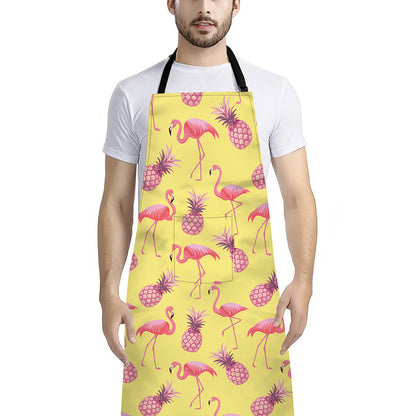 Pineapple And Flamingo Pattern Print Bib Apron With Pocket