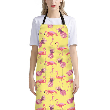Pineapple And Flamingo Pattern Print Bib Apron With Pocket