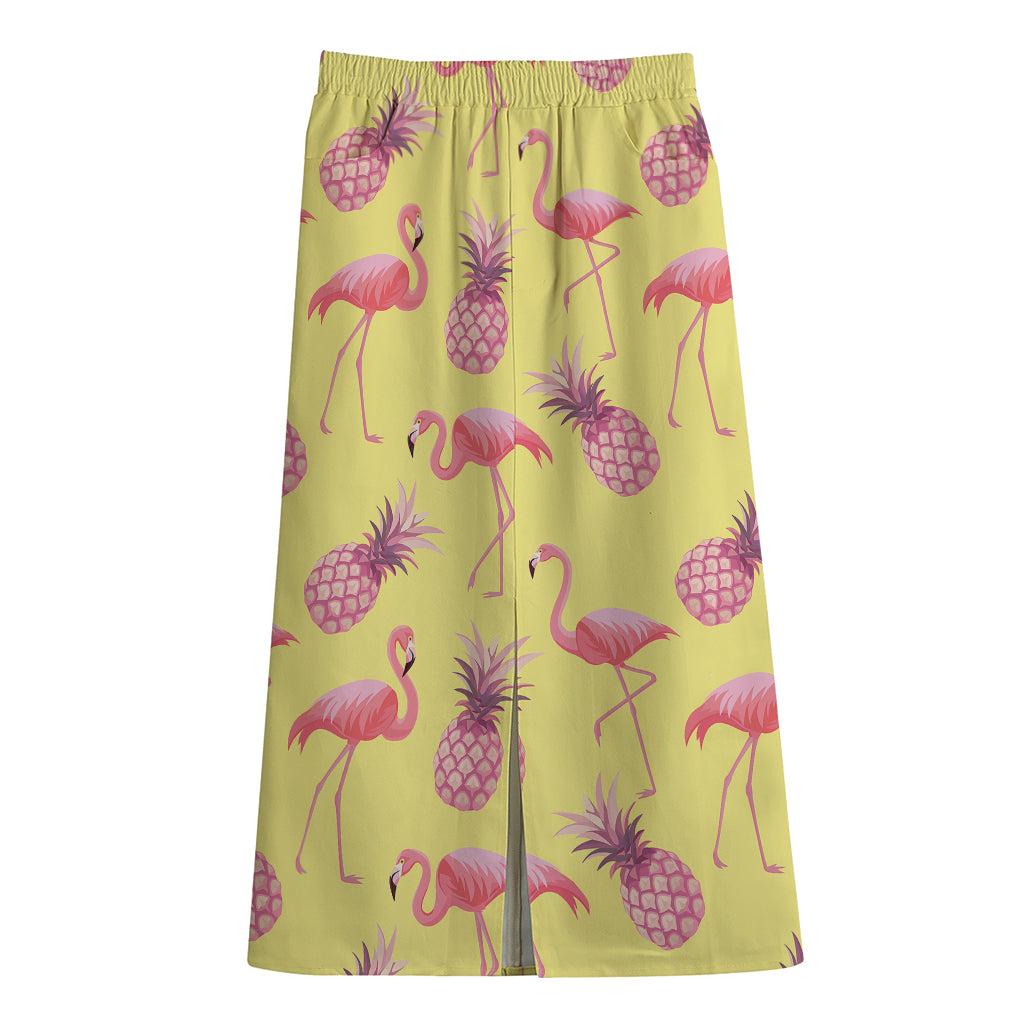 Pineapple And Flamingo Pattern Print Cotton Front Slit Maxi Skirt