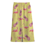 Pineapple And Flamingo Pattern Print Cotton Front Slit Maxi Skirt