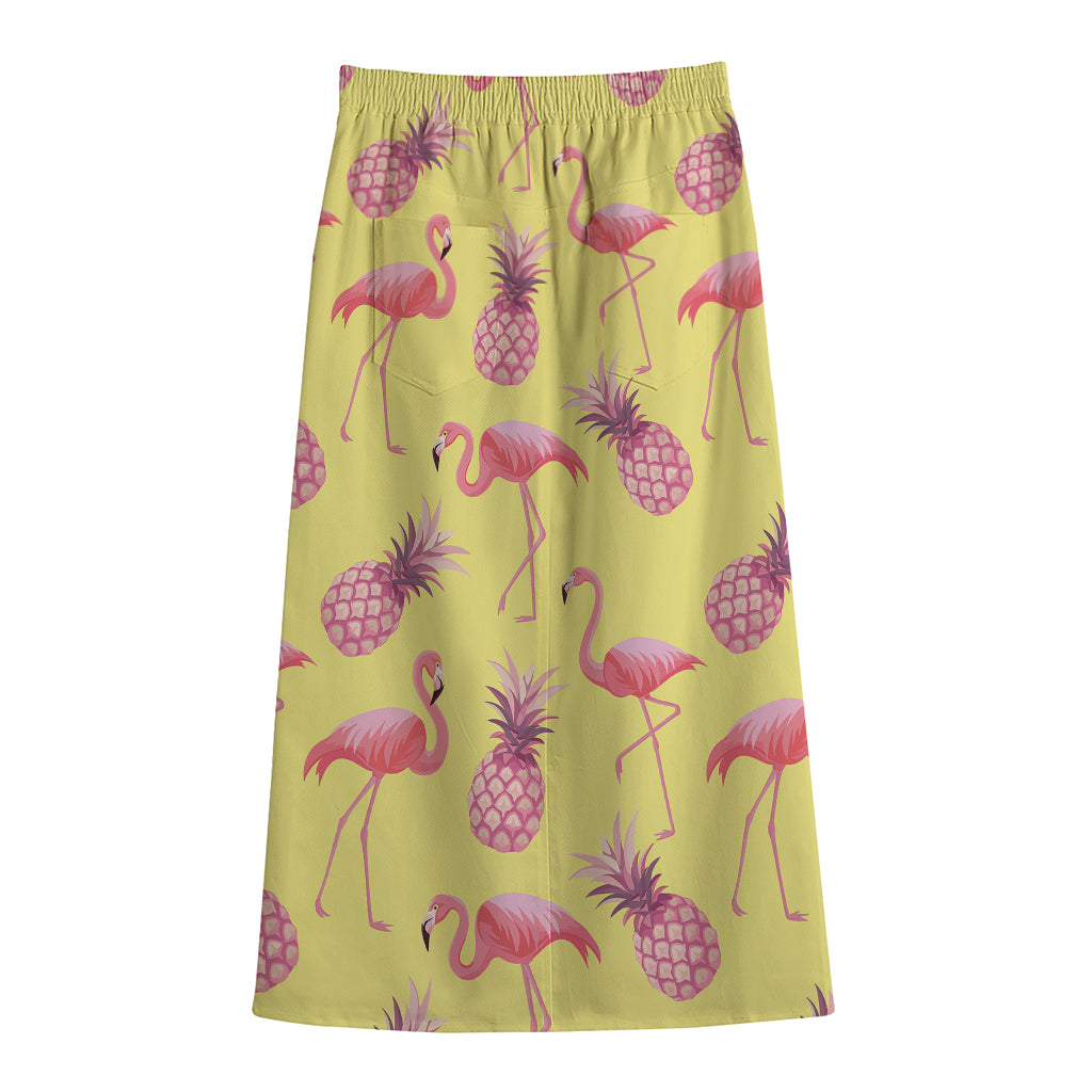 Pineapple And Flamingo Pattern Print Cotton Front Slit Maxi Skirt