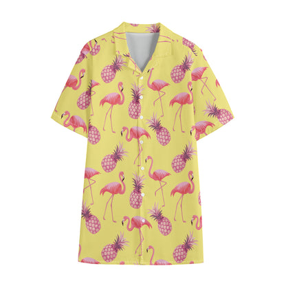 Pineapple And Flamingo Pattern Print Cotton Hawaiian Shirt