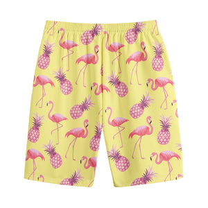 Pineapple And Flamingo Pattern Print Cotton Shorts