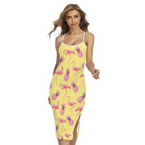 Pineapple And Flamingo Pattern Print Cross Back Cami Dress