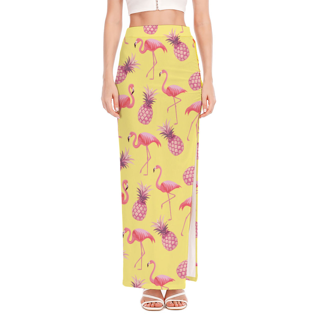 Pineapple And Flamingo Pattern Print High Slit Maxi Skirt