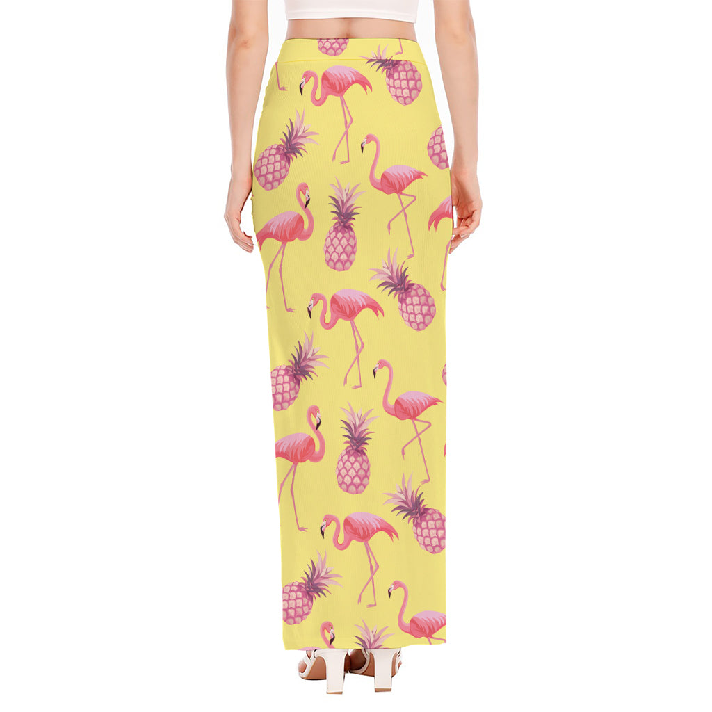 Pineapple And Flamingo Pattern Print High Slit Maxi Skirt