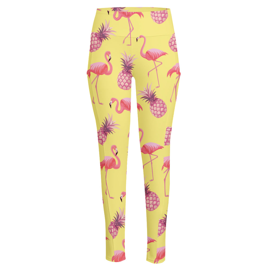 Pineapple And Flamingo Pattern Print High-Waisted Pocket Leggings