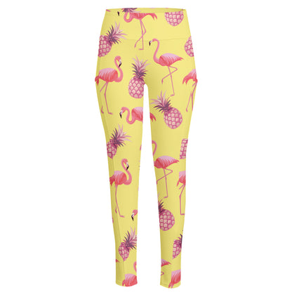 Pineapple And Flamingo Pattern Print High-Waisted Pocket Leggings