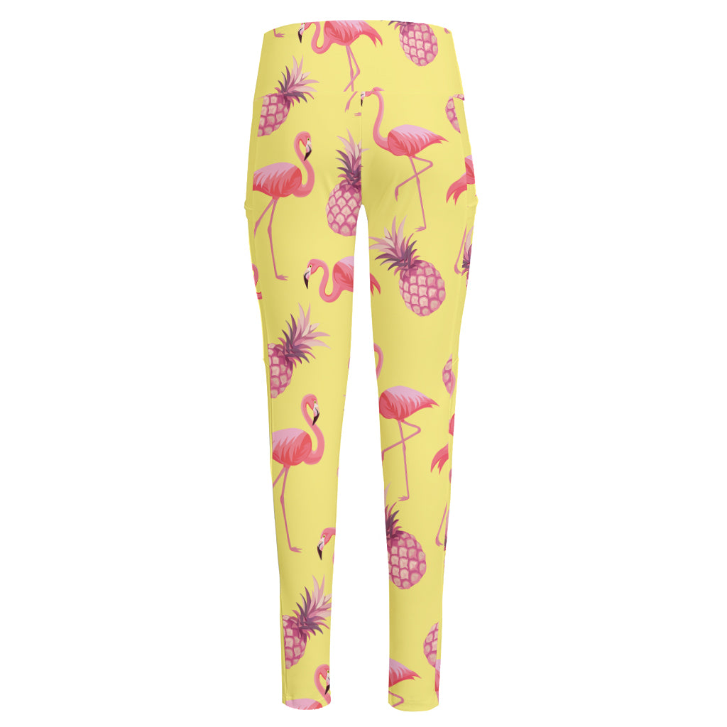 Pineapple And Flamingo Pattern Print High-Waisted Pocket Leggings