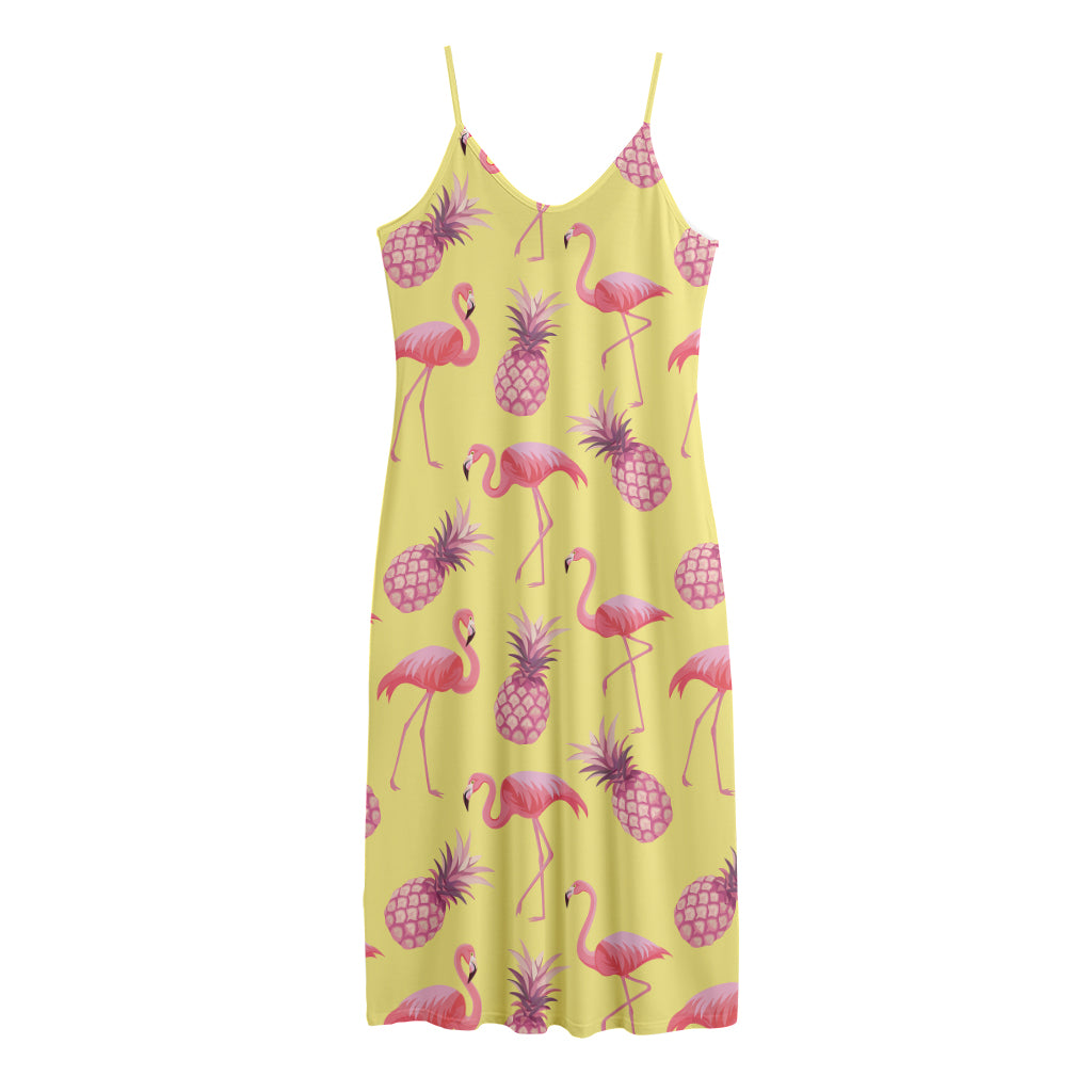 Pineapple And Flamingo Pattern Print Jersey Midi Cami Dress