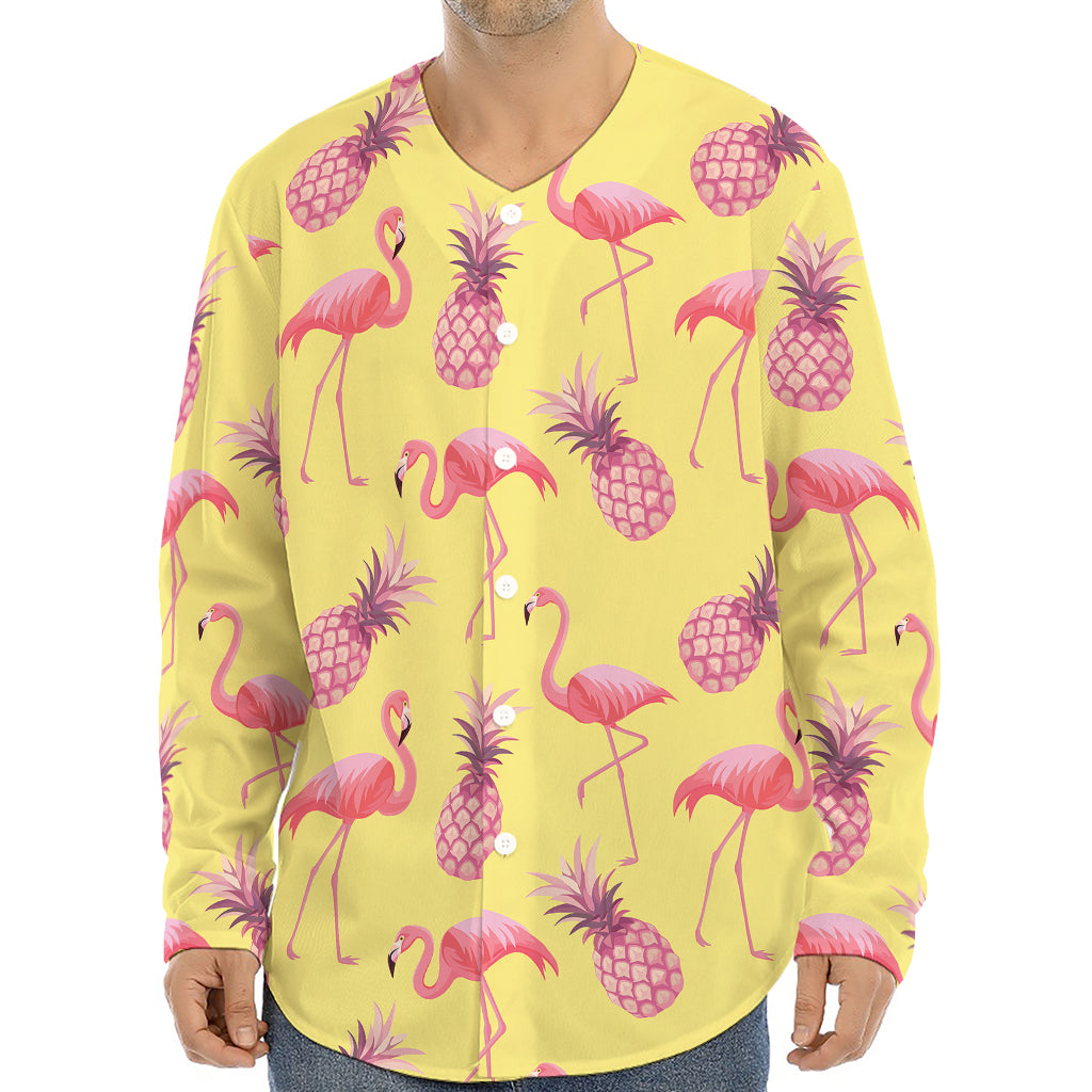 Pineapple And Flamingo Pattern Print Long Sleeve Baseball Jersey