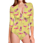 Pineapple And Flamingo Pattern Print Long Sleeve Swimsuit