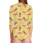 Pineapple And Flamingo Pattern Print Long Sleeve Swimsuit