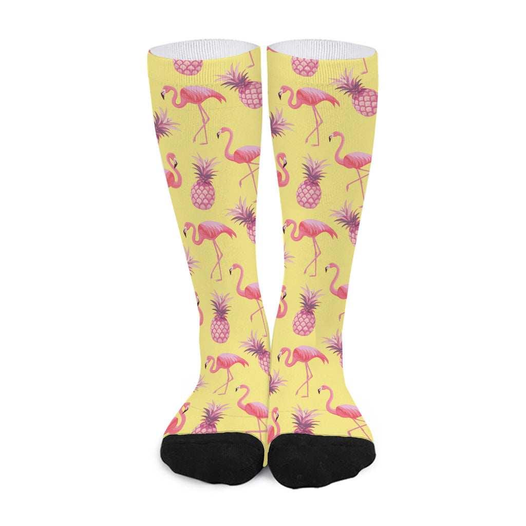 Pineapple And Flamingo Pattern Print Long Socks