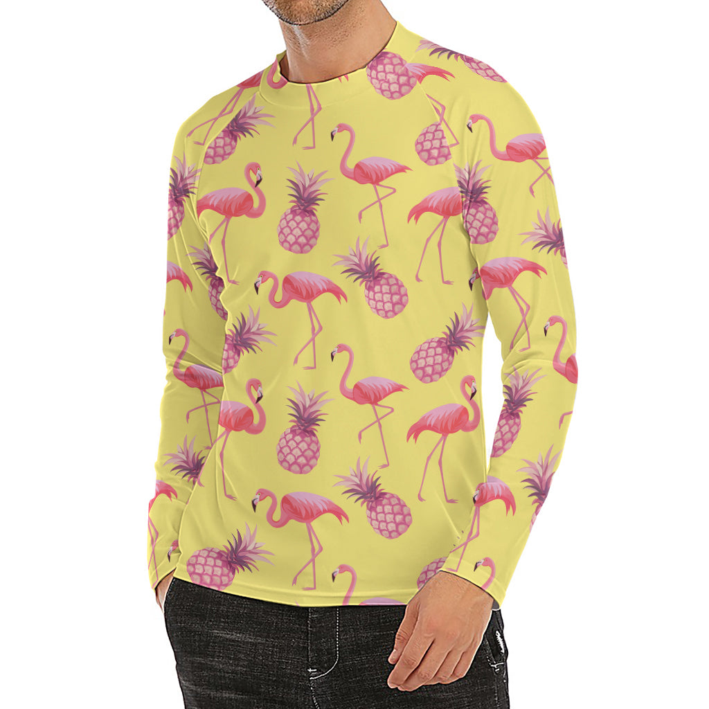 Pineapple And Flamingo Pattern Print Men's Long Sleeve Rash Guard