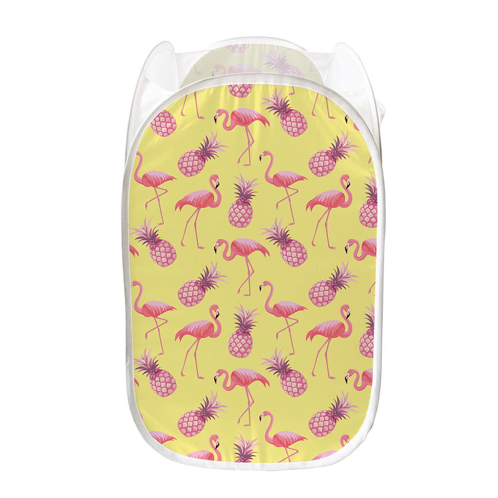 Pineapple And Flamingo Pattern Print Mesh Laundry Hamper