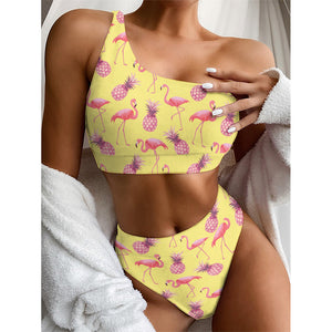 Pineapple And Flamingo Pattern Print One Shoulder Bikini Top