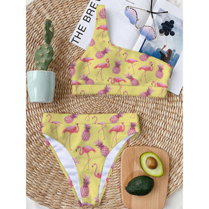 Pineapple And Flamingo Pattern Print One Shoulder Bikini Top