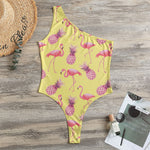 Pineapple And Flamingo Pattern Print One Shoulder Bodysuit