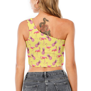 Pineapple And Flamingo Pattern Print One Shoulder Crop Top