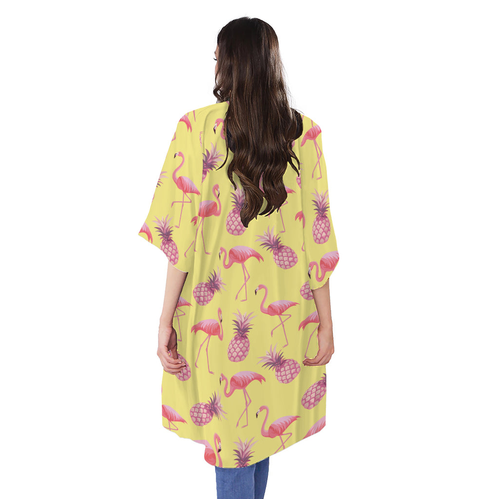 Pineapple And Flamingo Pattern Print Open Front Beach Cover Up