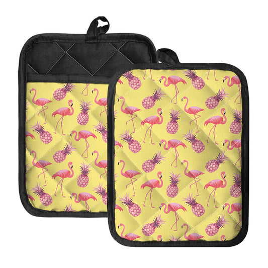 Pineapple And Flamingo Pattern Print Pot Holders With Pocket