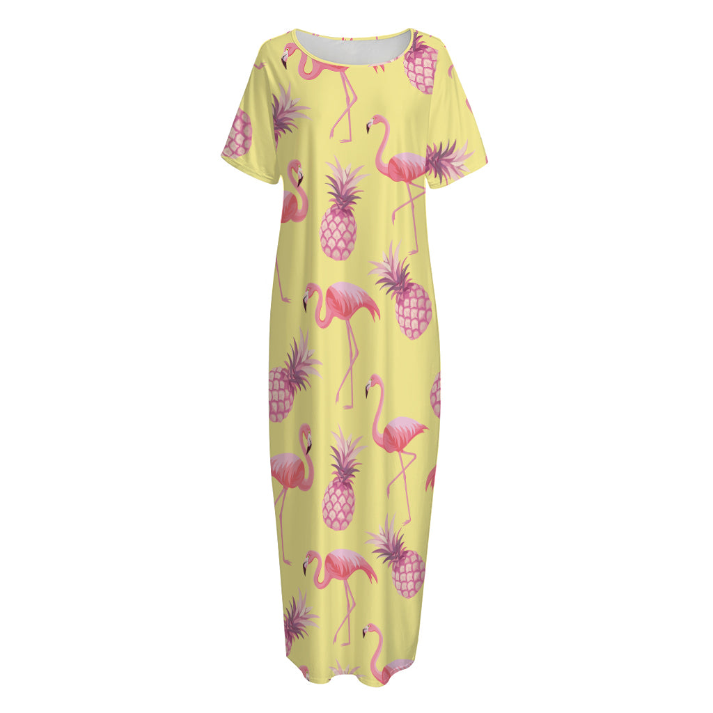 Pineapple And Flamingo Pattern Print Short Sleeve Long Nightdress