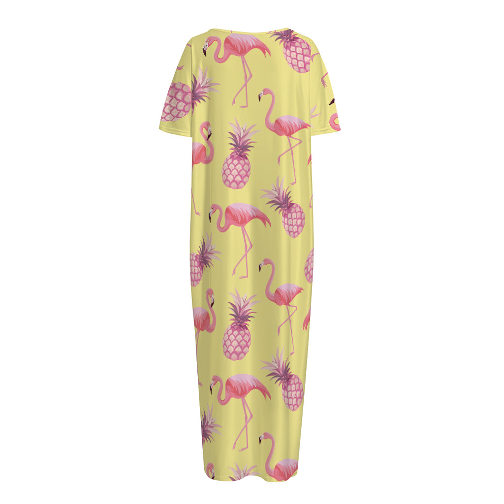 Pineapple And Flamingo Pattern Print Short Sleeve Long Nightdress