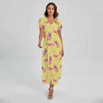 Pineapple And Flamingo Pattern Print Short Sleeve Maxi Dress