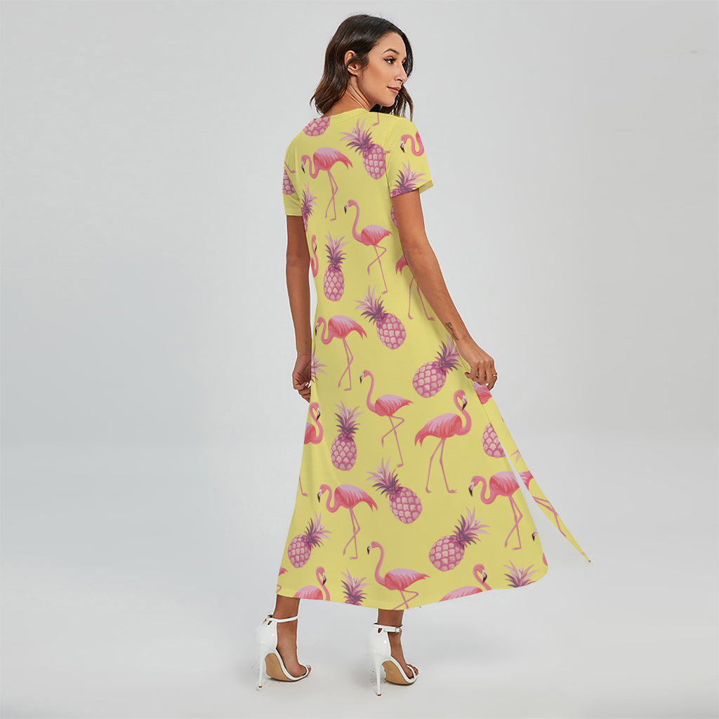 Pineapple And Flamingo Pattern Print Short Sleeve Maxi Dress