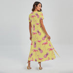 Pineapple And Flamingo Pattern Print Short Sleeve Maxi Dress