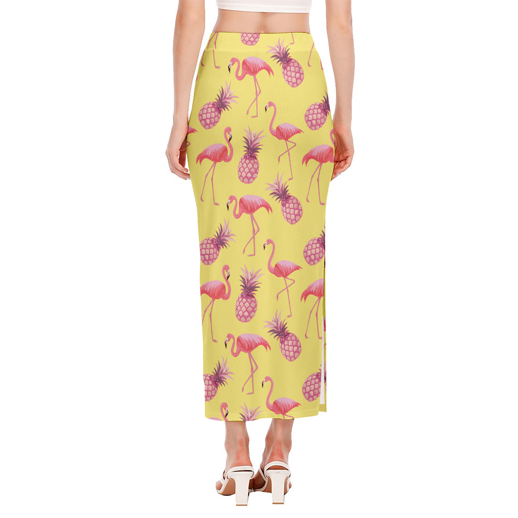 Pineapple And Flamingo Pattern Print Side Slit Maxi Skirt