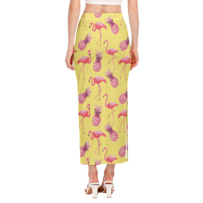 Pineapple And Flamingo Pattern Print Side Slit Maxi Skirt