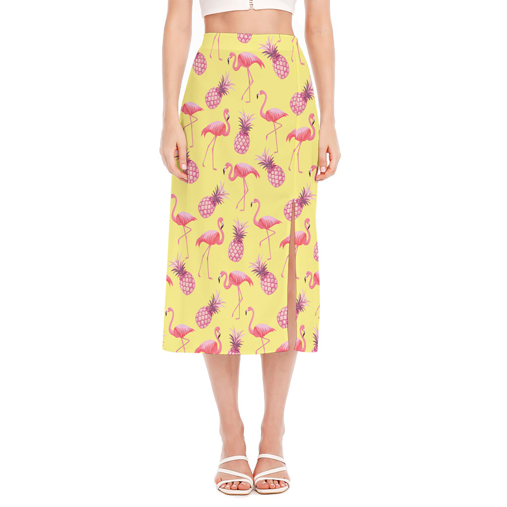 Pineapple And Flamingo Pattern Print Side Slit Midi Skirt