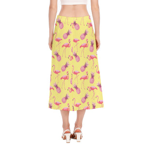 Pineapple And Flamingo Pattern Print Side Slit Midi Skirt