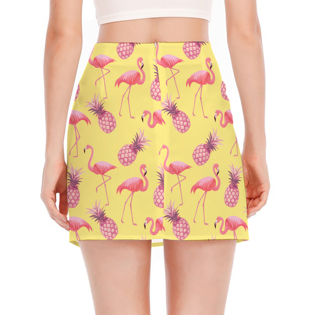 Pineapple And Flamingo Pattern Print Side Slit Mini Skirt