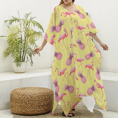 Pineapple And Flamingo Pattern Print Silk V-Neck Kaftan Dress