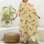 Pineapple And Flamingo Pattern Print Silk V-Neck Kaftan Dress