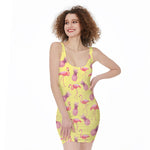 Pineapple And Flamingo Pattern Print Sleeveless Bodycon Dress