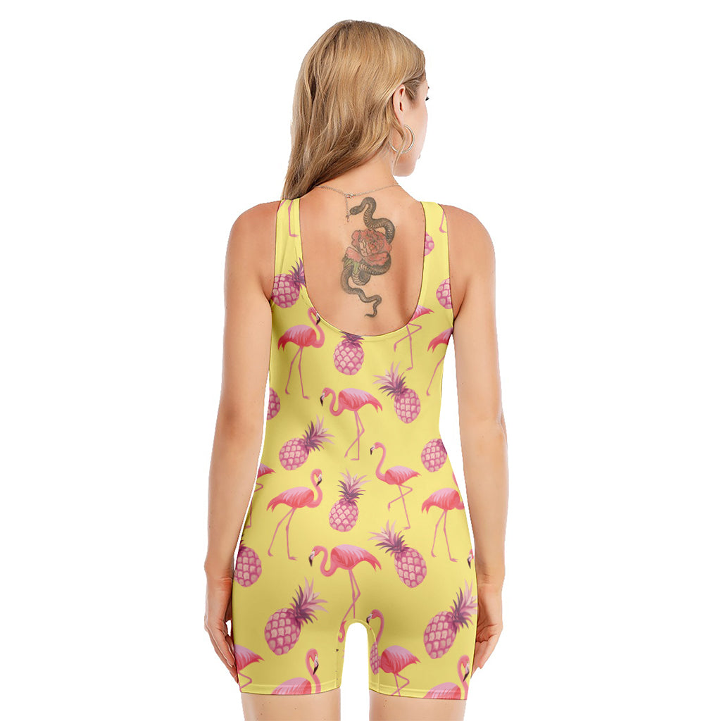 Pineapple And Flamingo Pattern Print Sleeveless One Piece Swimsuit