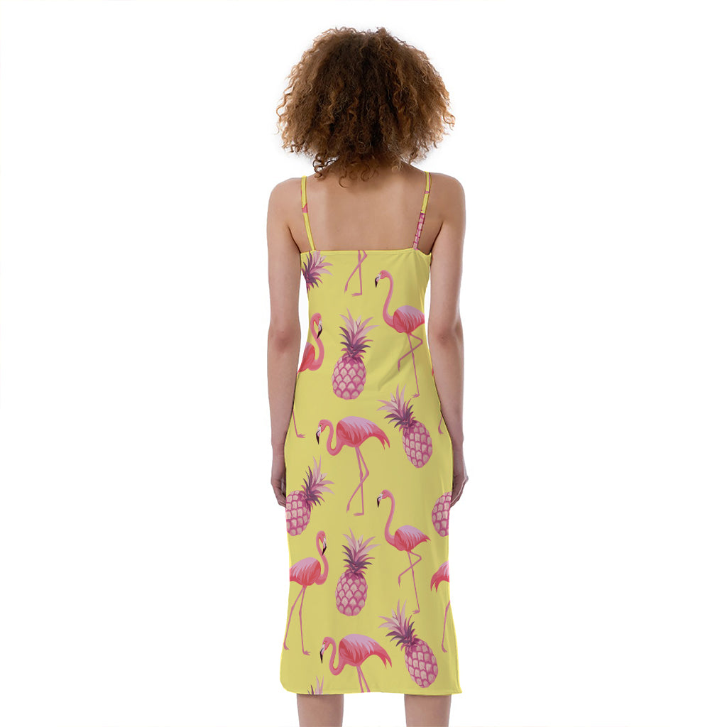 Pineapple And Flamingo Pattern Print Slim Fit Midi Cami Dress