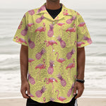 Pineapple And Flamingo Pattern Print Textured Short Sleeve Shirt