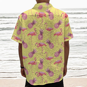 Pineapple And Flamingo Pattern Print Textured Short Sleeve Shirt