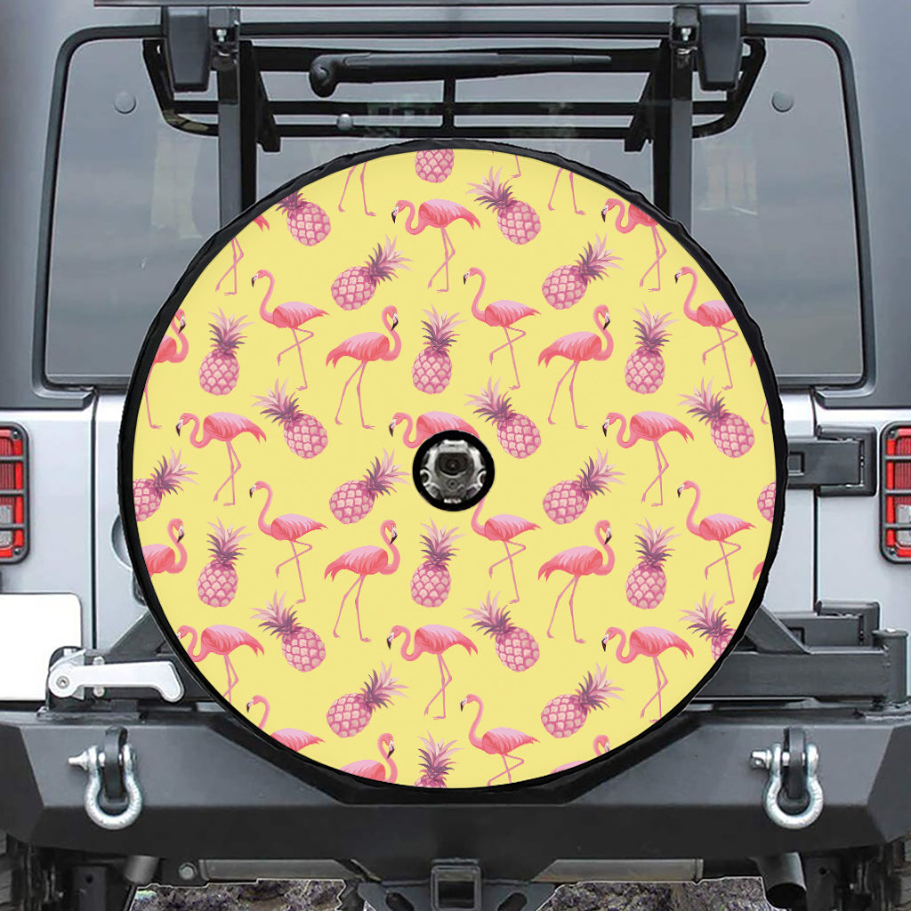 Pineapple And Flamingo Pattern Print Tire Cover With Camera Hole
