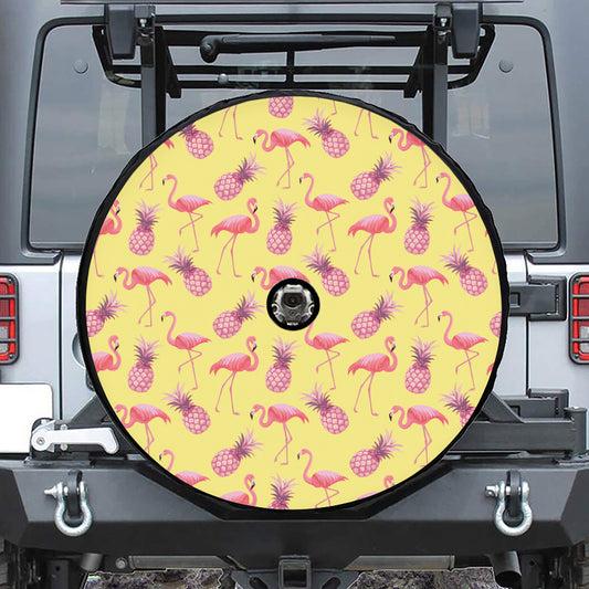 Pineapple And Flamingo Pattern Print Tire Cover With Camera Hole