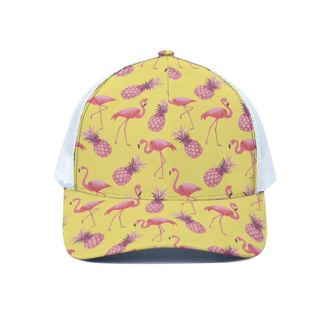 Pineapple And Flamingo Pattern Print White Mesh Trucker Cap