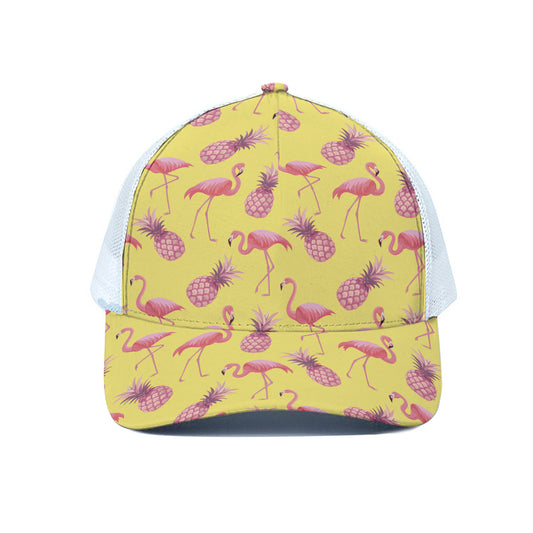 Pineapple And Flamingo Pattern Print White Mesh Trucker Cap