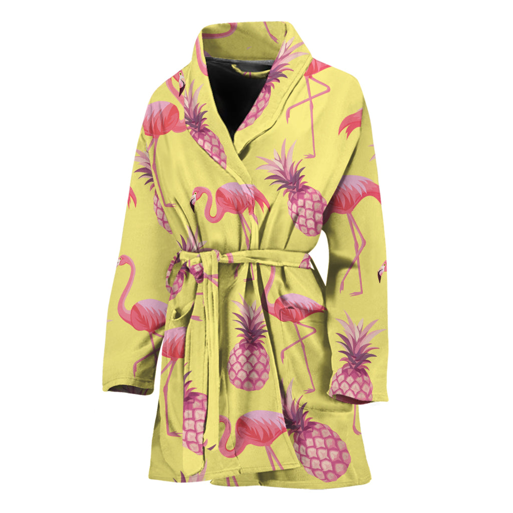 Pineapple And Flamingo Pattern Print Women's Bathrobe